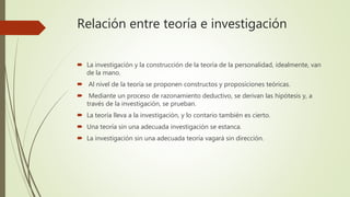 Relación entre teoría e investigación
 La investigación y la construcción de la teoría de la personalidad, idealmente, van
de la mano.
 Al nivel de la teoría se proponen constructos y proposiciones teóricas.
 Mediante un proceso de razonamiento deductivo, se derivan las hipótesis y, a
través de la investigación, se prueban.
 La teoría lleva a la investigación, y lo contario también es cierto.
 Una teoría sin una adecuada investigación se estanca.
 La investigación sin una adecuada teoría vagará sin dirección.
 