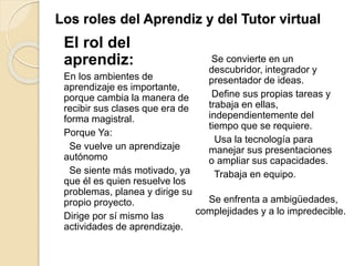 Los roles del Aprendiz y del Tutor virtual
El rol del
aprendiz:
En los ambientes de
aprendizaje es importante,
porque cambia la manera de
recibir sus clases que era de
forma magistral.
Porque Ya:
Se vuelve un aprendizaje
autónomo
Se siente más motivado, ya
que él es quien resuelve los
problemas, planea y dirige su
propio proyecto.
Dirige por sí mismo las
actividades de aprendizaje.
Se convierte en un
descubridor, integrador y
presentador de ideas.
Define sus propias tareas y
trabaja en ellas,
independientemente del
tiempo que se requiere.
Usa la tecnología para
manejar sus presentaciones
o ampliar sus capacidades.
Trabaja en equipo.
Se enfrenta a ambigüedades,
complejidades y a lo impredecible.
 