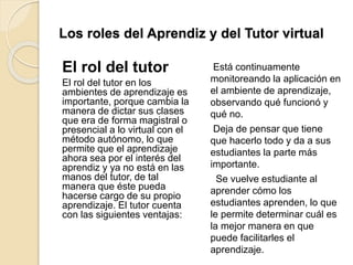 Los roles del Aprendiz y del Tutor virtual
El rol del tutor
El rol del tutor en los
ambientes de aprendizaje es
importante, porque cambia la
manera de dictar sus clases
que era de forma magistral o
presencial a lo virtual con el
método autónomo, lo que
permite que el aprendizaje
ahora sea por el interés del
aprendiz y ya no está en las
manos del tutor, de tal
manera que éste pueda
hacerse cargo de su propio
aprendizaje. El tutor cuenta
con las siguientes ventajas:
Está continuamente
monitoreando la aplicación en
el ambiente de aprendizaje,
observando qué funcionó y
qué no.
Deja de pensar que tiene
que hacerlo todo y da a sus
estudiantes la parte más
importante.
Se vuelve estudiante al
aprender cómo los
estudiantes aprenden, lo que
le permite determinar cuál es
la mejor manera en que
puede facilitarles el
aprendizaje.
 
