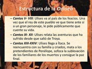 Estructura de la Odisea
– Cantos V- VIII: Ulises va al país de los feacios. Una
  vez que el rey de este pueblo ve que tiene ante sí
  a un gran personaje, le pide públicamente que
  cuente su vida.
– Cantos IX- XII: Ulises relata las aventuras que ha
  sufrido desde que salió de Troya.
– Cantos XIII-XXIV: Ulises llega a Ítaca. Se
  reencuentra con su familia y criados, mata a los
  pretendientes de Penélope, sofoca la sublevación
  de los familiares de los muertos y consigue la paz
  final.
 