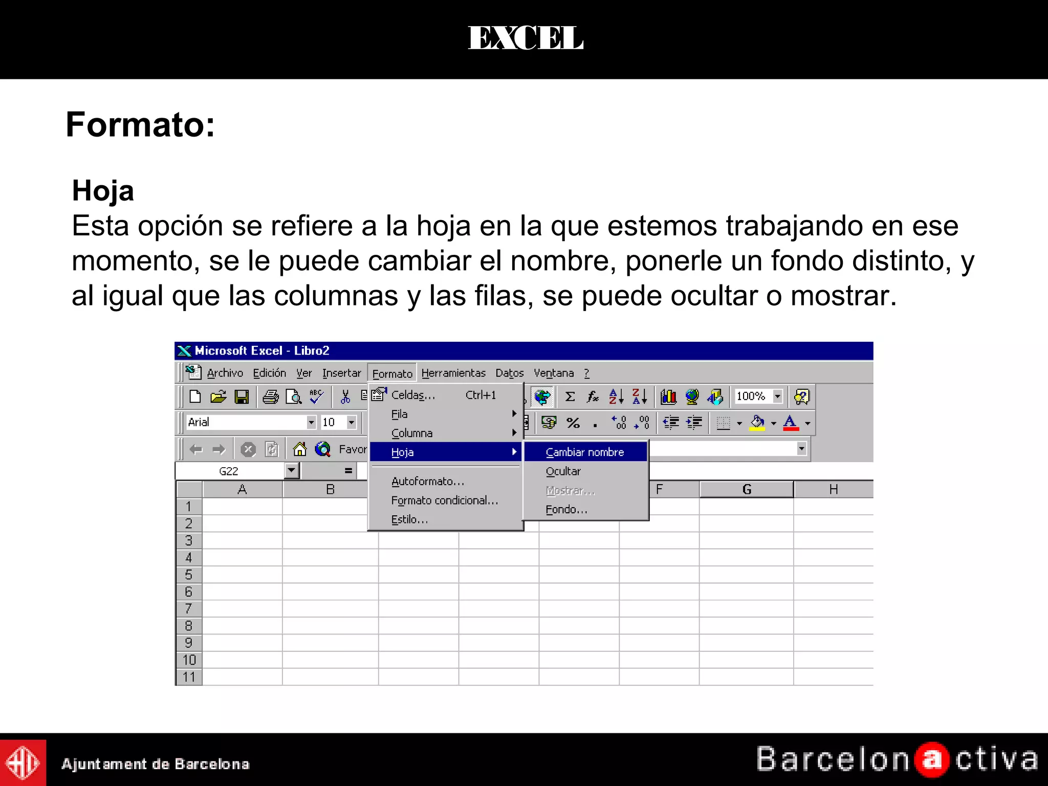 EXCEL
Hoja
Esta opción se refiere a la hoja en la que estemos trabajando en ese
momento, se le puede cambiar el nombre, ponerle un fondo distinto, y
al igual que las columnas y las filas, se puede ocultar o mostrar.
Formato:
 