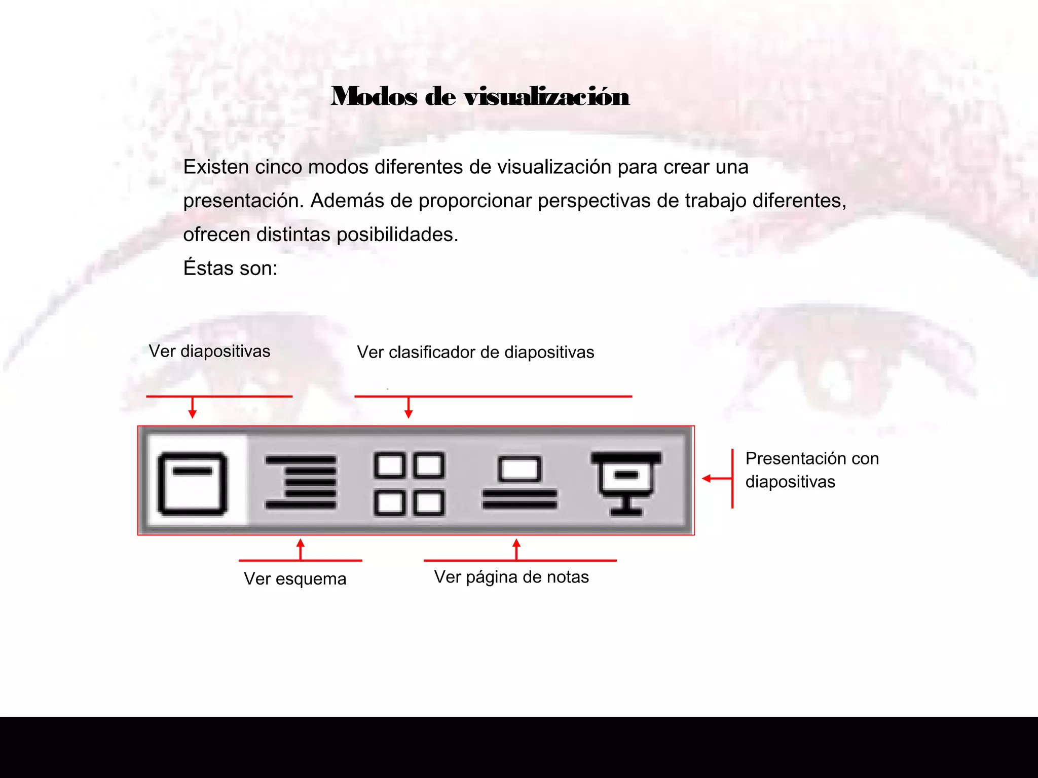 Existen cinco modos diferentes de visualización para crear una
presentación. Además de proporcionar perspectivas de trabajo diferentes,
ofrecen distintas posibilidades.
Éstas son:
Ver diapositivas Ver clasificador de diapositivas
Ver esquema
Presentación con
diapositivas
Ver página de notas
Modos de visualización
 