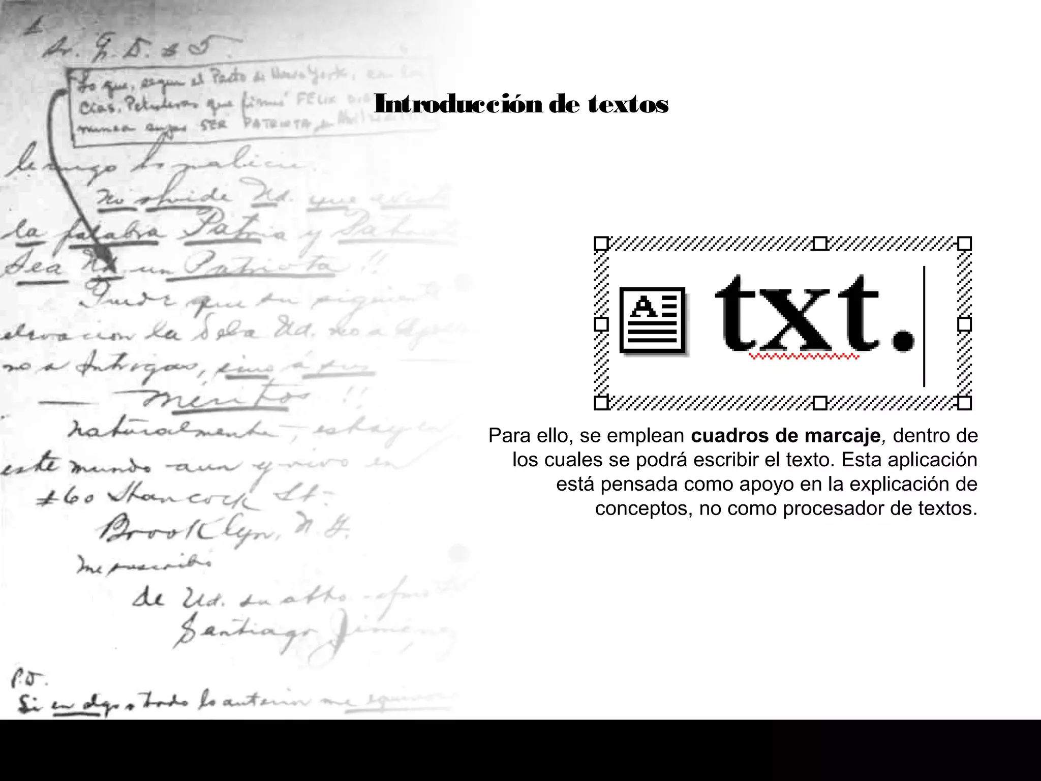 Para ello, se emplean cuadros de marcaje, dentro de
los cuales se podrá escribir el texto. Esta aplicación
está pensada como apoyo en la explicación de
conceptos, no como procesador de textos.
Introducción de textos
 