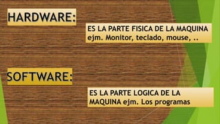 ES LA PARTE FISICA DE LA MAQUINA
ejm. Monitor, teclado, mouse, ..
ES LA PARTE LOGICA DE LA
MAQUINA ejm. Los programas
 