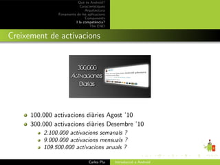 Qu` ´s Android?
                             ee
                           Caracter´ıstiques
                              Arquitectura
               Fonaments de les aplicacions
                              Components
                        I la compet`ncia?
                                      e
                                 The END


Creixement de activacions




      100.000 activacions di`ries Agost ’10
                            a
      300.000 activacions di`ries Desembre ’10
                            a
          2.100.000 activacions semanals ?
          9.000.000 activacions mensuals ?
          109.500.000 activacions anuals ?

                                 Carles Pla    Introducci´ a Android
                                                         o
 