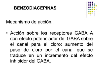 BENZODIACEPINAS
Mecanismo de acción:
• Acción sobre los receptores GABA A
con efecto potenciador del GABA sobre
el canal para el cloro: aumento del
paso de cloro por el canal que se
traduce en un incremento del efecto
inhibidor del GABA.
 