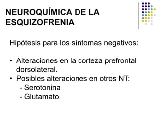 Hipótesis para los síntomas negativos:
• Alteraciones en la corteza prefrontal
dorsolateral.
• Posibles alteraciones en otros NT:
- Serotonina
- Glutamato
 