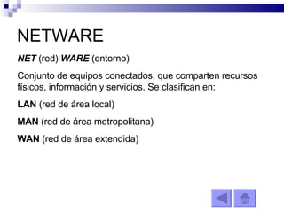 NETWARE NET  (red)  WARE  (entorno) Conjunto de equipos conectados, que comparten recursos físicos, información y servicios. Se clasifican en: LAN  (red de área local) MAN  (red de área metropolitana) WAN  (red de área extendida) 