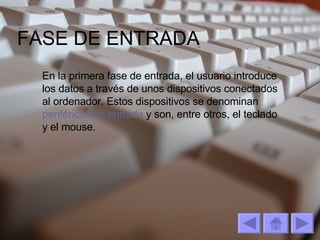 FASE DE ENTRADA En la primera fase de entrada, el usuario introduce los datos a través de unos dispositivos conectados al ordenador. Estos dispositivos se denominan  periféricos de entrada  y son, entre otros, el teclado y el mouse. 