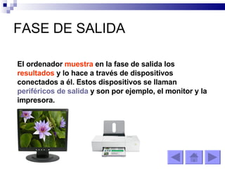 FASE DE SALIDA El ordenador  muestra  en la fase de salida los  resultados  y lo hace a través de dispositivos conectados a él. Estos dispositivos se llaman  periféricos de salida  y son por ejemplo, el monitor y la impresora.  
