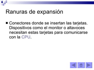 Ranuras de expansión Conectores donde se insertan las tarjetas. Dispositivos como el monitor o altavoces necesitan estas tarjetas para comunicarse con la  CPU . 