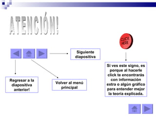 ATENCIÓN! Regresar a la diapositiva anterior! Volver al menú principal Siguiente diapositiva Si ves este signo, es porque al hacerle click te encontrarás con información extra o algún gráfico para entender mejor la teoría explicada. 