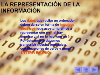 LA REPRESENTACIÓN DE LA INFORMACIÓN Los  datos  que recibe un ordenador deben darse en forma de  impulsos eléctricos , que acostumbramos a representar con un  1  si hay impulso y si no lo hay, con un  0 . Por este motivo debemos transcribir nuestro lenguaje a combinaciones de ceros y unos:  SISTEMA BINARIO . 