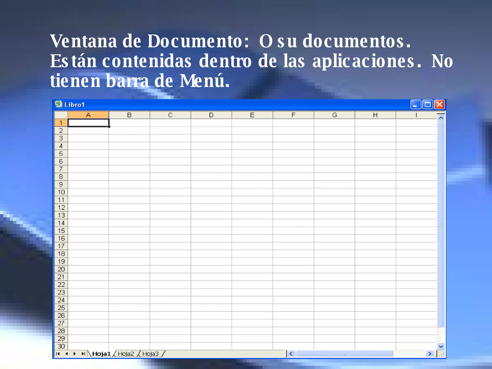 Ventana de Documento:  O su documentos.  Están contenidas dentro de las aplicaciones.  No tienen barra de Menú.   