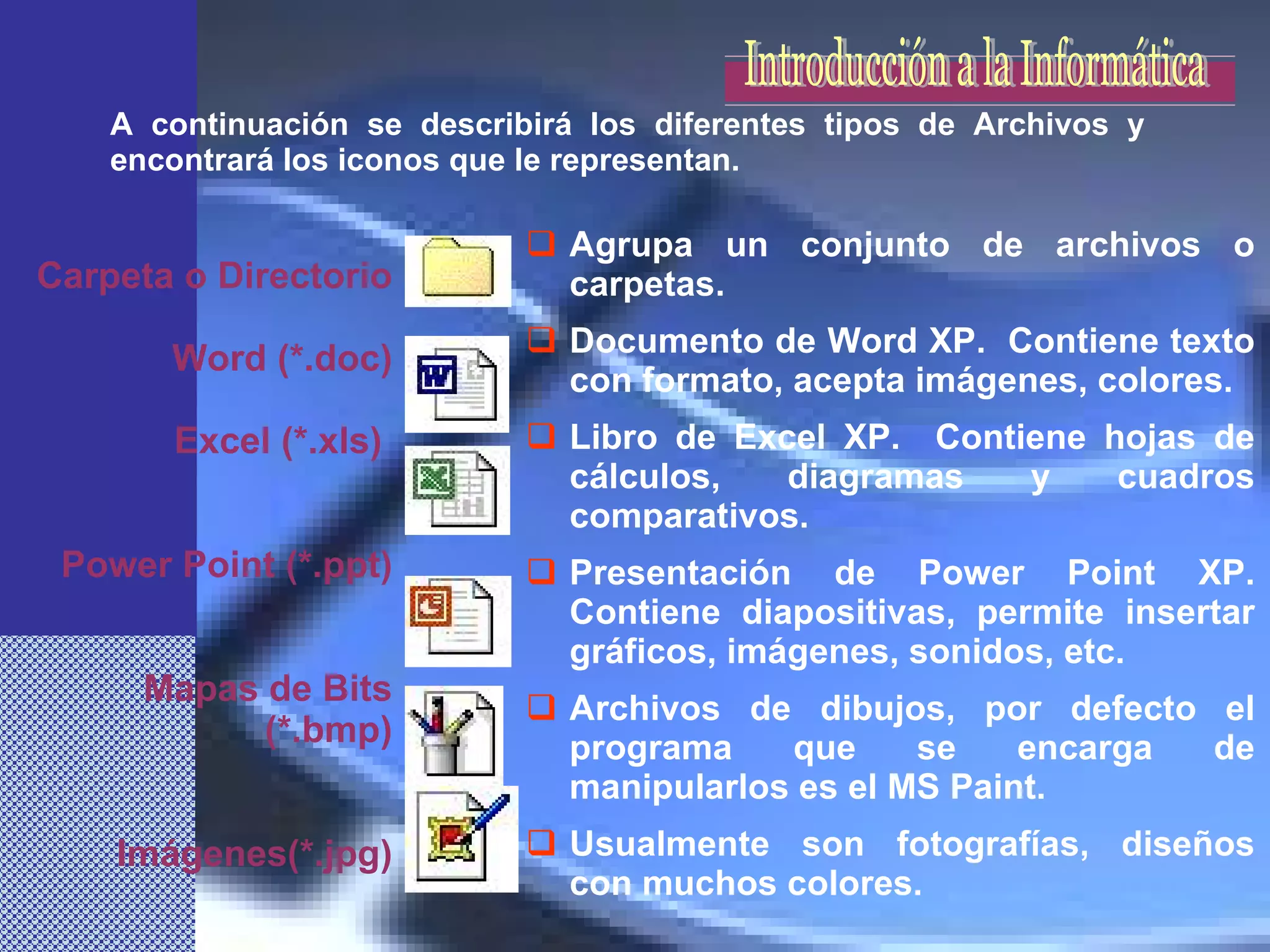Agrupa un conjunto de archivos o carpetas.   Documento de Word XP.  Contiene texto con formato, acepta imágenes, colores.   Libro de Excel XP.  Contiene hojas de cálculos, diagramas y cuadros comparativos.   Presentación de Power Point XP. Contiene diapositivas, permite insertar gráficos, imágenes, sonidos, etc.  Archivos de dibujos, por defecto el programa que se encarga de manipularlos es el MS Paint.  Usualmente son fotografías, diseños con muchos colores.   Carpeta o Directorio Word (*.doc) Excel (*.xls)  Power Point (*.ppt) Mapas de Bits (*.bmp) Imágenes(*.jpg) A continuación se describirá los diferentes tipos de Archivos y encontrará los iconos que le representan.  Introducción a la Informática 