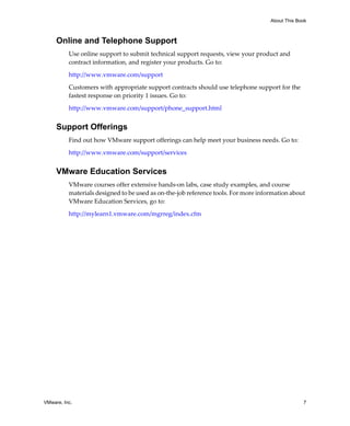 About This Book



     Online and Telephone Support
          Use online support to submit technical support requests, view your product and 
          contract information, and register your products. Go to:

          http://www.vmware.com/support

          Customers with appropriate support contracts should use telephone support for the 
          fastest response on priority 1 issues. Go to:

          http://www.vmware.com/support/phone_support.html


     Support Offerings
          Find out how VMware support offerings can help meet your business needs. Go to:

          http://www.vmware.com/support/services


     VMware Education Services
          VMware courses offer extensive hands‐on labs, case study examples, and course 
          materials designed to be used as on‐the‐job reference tools. For more information about 
          VMware Education Services, go to:

          http://mylearn1.vmware.com/mgrreg/index.cfm




VMware, Inc.                                                                                     7
 