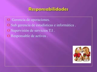 ResponsabilidadesO  Gerencia de operaciones.O Sub gerencia de estadísticas e informática .O Supervisión de servicios T.I .O Responsable de activos .