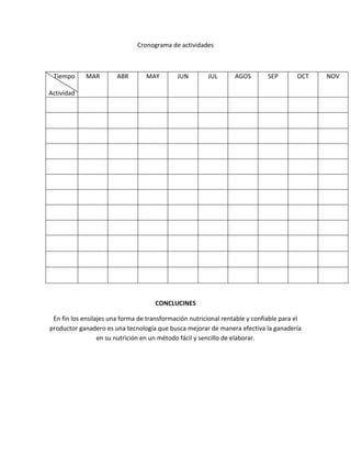 Cronograma de actividades



 Tiempo      MAR        ABR       MAY        JUN        JUL       AGOS        SEP       OCT   NOV

Actividad




                                     CONCLUCINES

 En fin los ensilajes una forma de transformación nutricional rentable y confiable para el
productor ganadero es una tecnología que busca mejorar de manera efectiva la ganadería
                  en su nutrición en un método fácil y sencillo de elaborar.
 