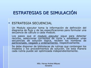 ESTRATEGIAS DE SIMULACIÓN ESTRATEGIA SECUENCIAL Un Modulo ejecutor toma la información de definición del diagrama de flujo y de las especificaciones para formular una secuencia de cálculo a cada modulo. Los pasos que el  modulo ejecutor  sigue para detectar reciclos, seleccionar corrientes de corte y establecer unas secuencias de solución lógica, reciben los nombres de  particionado, rasgado y ordenamiento , respectivamente. Se debe disponer de bibliotecas de rutinas que contengan los modelos y los procedimientos de solución. De esta manera cada rutina puede ser optimizada independientemente.                                                 MSc. Harvey Andres Milquez Sanabria 