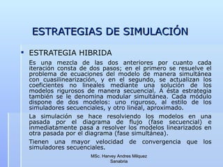 ESTRATEGIAS DE SIMULACIÓN ESTRATEGIA HIBRIDA Es una mezcla de las dos anteriores por cuanto cada iteración consta de dos pasos; en el primero se resuelve el problema de ecuaciones del modelo de manera simultánea con cuasilinearización, y en el segundo, se actualizan los coeficientes no lineales mediante una solución de los modelos rigurosos de manera secuencial. A ésta estrategia también se le denomina modular simultánea. Cada módulo dispone de dos modelos: uno riguroso, al estilo de los simuladores secuenciales, y otro lineal, aproximado. La simulación se hace resolviendo los modelos en una pasada por el diagrama de flujo (fase secuencial) e inmediatamente pasa a resolver los modelos linearizados en otra pasada por el diagrama (fase simultánea). Tienen una mayor velocidad de convergencia que los simuladores secuenciales.                                                 MSc. Harvey Andres Milquez Sanabria 