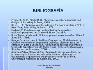 BIBLIOGRAFÍA Froment, G. F., Bischoff, K. Chemicals reactors analysis and design. John Wiley & Sons, 1979. Rase, H. F. Chemical reactors design for process plants. Vol. 1, New York, John Wiley & Sons. 1977. Holland,C. Fundamentos de destilación de mezclas multicomponentes.  McGraw-Hill Book Co, 1974. Ross Taylor, Krishna R. Multicomponent mass transfer.  Wiley & Sons Inc. 1993. Rangel Jara Hermes A. Análisis Conceptual, Modelamiento y Cálculo Numérico en Ingeniería Química. Libro en fase de corrección para publicación. Aplicaciones correspondientes a temas de Transferencia de Calor, Masa, Reactores Químicos y Simulación de Procesos.  2004. Adames Pablo, Stern Victor.  Desarrollo de un simulador de procesos químicos en estado estacionario orientado por ecuaciones: arquitectura del programa interfaz gráfica. Universidad Nacional de Colombia. 1992. MSc. Harvey Andres Milquez Sanabria 