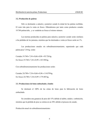 Distribución de materias primas. Producciones                                  ANEJO III



3.2. Producción de paletas

       Sólo se destinarán a salazón y posterior curado la mitad de las paletas recibidas.
El resto irán para la venta en fresco. Obtendremos por tanto como productos curados
19.760 paletas/año, y se venderán en fresco el mismo número.


       Las mermas producidas en paletas para salazón y posterior curado serán similares
a las pérdidas de los jamones, mientras que las destinadas a venta en fresco serán un 1%.


       Las producciones anuales sin sobredimensionamiento, suponiendo que cada
paleta pesa 7,34 kg. serán:


Curadas: 19.760 × 7,34 × 0,66 × 0,96 = 95.726 kg.
En fresco:19.760 × 7,34 × 0,99 = 143.588 kg.


Con sobredimensionamiento las producciones serán:


Curadas: 24.700 × 7,34 × 0,66 × 0,96 = 114.870 kg.
En fresco: 24.700 × 7,34 × 0,99 = 179.485 kg.


3.3. Producciones de lomo embuchado y lomito

       Se destinará el 100% de las cintas de lomo para la fabricación de lomo
embuchado.


       Se considera una ganancia de peso del 15% debido al adobo, salado y embutición,
mientras que la pérdida de peso se estima en un 30% debido al proceso de curado.


Producción anual sin sobredimensionamiento:




                                                4
 