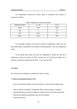 Instalación frigorífica                                                            ANEJO V


          Las temperaturas exteriores de cálculo según la orientación de la pared, se
recogen en la tabla 2.


                          Tabla 2. Temperaturas exteriores de cálculo.

      ORIENTACIÓN                          tec=f(te)                     tec(ºC)
              Norte                          0,6·te                       20,4
               Sur                             te                          34
              Este                           0,8·te                       27,2
              Oeste                          0,9·te                       30,6




          En las paredes comunes a dos áreas se tomará la temperatura exterior que sea
más desfavorable, considerando una cámara en funcionamiento y otra sin refrigeración
(20ºC).


          En las paredes que limiten con áreas no refrigeradas se tomará un valor de la
temperatura exterior de cálculo de 20ºC, mientras que en el techo, por debajo de la
cubierta se tomará una temperatura de 30ºC, y en el suelo de 20ºC.




3.3. Solera


En el interior de la instalación se pondrán dos tipos de solera:


A) Zonas con temperatura menor a 18ºC


    Esta zona necesitará aislante y barrera antivapor. La solera estará compuesta por:


-   Capa de zahorra, extendida y compactada sobre el terreno limpio y compacto.
-   Lámina bituminosa con juntas soldadas en caliente, que sirve de barrera antivapor.
-   Planchas de espuma de poliuretano, que sirven de aislante.
-   Lámina bituminosa.

                                              10
 