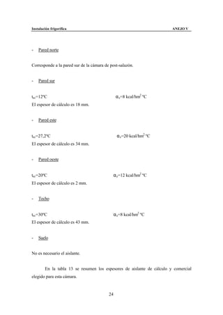 Instalación frigorífica                                                 ANEJO V




-   Pared norte


Corresponde a la pared sur de la cámara de post-salazón.


-   Pared sur


tec=12ºC                                       α e=8 kcal/hm2 ºC
El espesor de cálculo es 18 mm.


-   Pared este


tec=27,2ºC                                     α e=20 kcal/hm2 ºC
El espesor de cálculo es 34 mm.


-   Pared oeste


tec=20ºC                                     α e=12 kcal/hm2 ºC
El espesor de cálculo es 2 mm.


-   Techo


tec=30ºC                                     α e=8 kcal/hm2 ºC
El espesor de cálculo es 43 mm.


-   Suelo


No es necesario el aislante.


        En la tabla 13 se resumen los espesores de aislante de cálculo y comercial
elegido para esta cámara.


                                          24
 