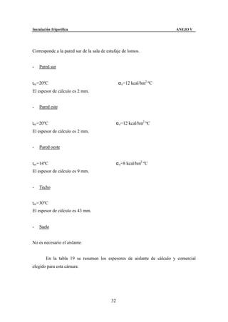 Instalación frigorífica                                                 ANEJO V




Corresponde a la pared sur de la sala de estufaje de lomos.


-   Pared sur


tec=20ºC                                        α e=12 kcal/hm2 ºC
El espesor de cálculo es 2 mm.


-   Pared este


tec=20ºC                                      α e=12 kcal/hm2 ºC
El espesor de cálculo es 2 mm.


-   Pared oeste


tec=14ºC                                      α e=8 kcal/hm2 ºC
El espesor de cálculo es 9 mm.


-   Techo


tec=30ºC
El espesor de cálculo es 43 mm.


-   Suelo


No es necesario el aislante.


        En la tabla 19 se resumen los espesores de aislante de cálculo y comercial
elegido para esta cámara.




                                           32
 
