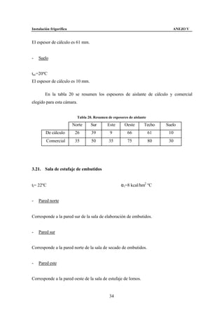 Instalación frigorífica                                                          ANEJO V


El espesor de cálculo es 61 mm.


-   Suelo


tec=20ºC
El espesor de cálculo es 10 mm.

        En la tabla 20 se resumen los espesores de aislante de cálculo y comercial
elegido para esta cámara.


                            Tabla 20. Resumen de espesores de aislante

                          Norte     Sur       Este      Oeste       Techo     Suelo
         De cálculo        26       39         9          66             61    10
         Comercial         35       50         35         75             80    30




3.21. Sala de estufaje de embutidos


ti= 22ºC                                              α i=8 kcal/hm2 ºC


-   Pared norte


Corresponde a la pared sur de la sala de elaboración de embutidos.


-   Pared sur


Corresponde a la pared norte de la sala de secado de embutidos.


-   Pared este


Corresponde a la pared oeste de la sala de estufaje de lomos.


                                               34
 