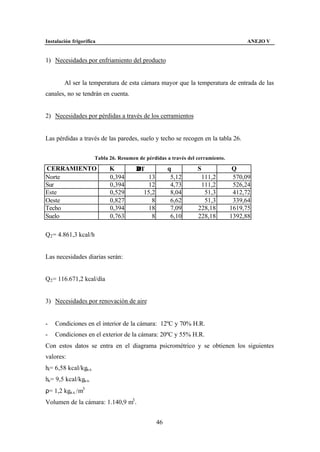 Instalación frigorífica                                                               ANEJO V


1) Necesidades por enfriamiento del producto


        Al ser la temperatura de esta cámara mayor que la temperatura de entrada de las
canales, no se tendrán en cuenta.


2) Necesidades por pérdidas a través de los cerramientos


Las pérdidas a través de las paredes, suelo y techo se recogen en la tabla 26.


                       Tabla 26. Resumen de pérdidas a través del cerramiento.

CERRAMIENTO                  K          ∆T             q          S               Q
Norte                        0,394           13         5,12       111,2          570,09
Sur                          0,394           12         4,73       111,2          526,24
Este                         0,529         15,2         8,04        51,3          412,72
Oeste                        0,827            8         6,62        51,3          339,64
Techo                        0,394           18         7,09      228,18         1619,75
Suelo                        0,763            8         6,10      228,18         1392,88

Q2 = 4.861,3 kcal/h


Las necesidades diarias serán:


Q2 = 116.671,2 kcal/día


3) Necesidades por renovación de aire


-   Condiciones en el interior de la cámara: 12ºC y 70% H.R.
-   Condiciones en el exterior de la cámara: 20ºC y 55% H.R.
Con estos datos se entra en el diagrama psicrométrico y se obtienen los siguientes
valores:
hi= 6,58 kcal/kga.s.
he= 9,5 kcal/kga.s.
ρ= 1,2 kga.s. /m3
Volumen de la cámara: 1.140,9 m3 .


                                                  46
 