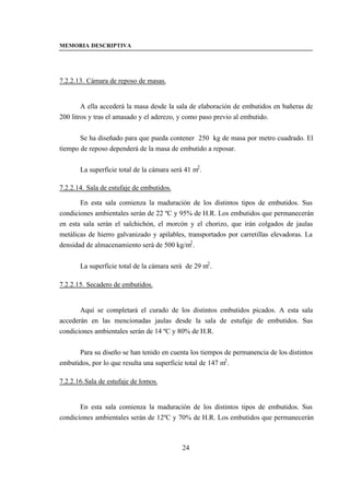 MEMORIA DESCRIPTIVA




7.2.2.13. Cámara de reposo de masas.


        A ella accederá la masa desde la sala de elaboración de embutidos en bañeras de
200 litros y tras el amasado y el aderezo, y como paso previo al embutido.


       Se ha diseñado para que pueda contener 250 kg de masa por metro cuadrado. El
tiempo de reposo dependerá de la masa de embutido a reposar.


       La superficie total de la cámara será 41 m2 .

7.2.2.14. Sala de estufaje de embutidos.

       En esta sala comienza la maduración de los distintos tipos de embutidos. Sus
condiciones ambientales serán de 22 ºC y 95% de H.R. Los embutidos que permanecerán
en esta sala serán el salchichón, el morcón y el chorizo, que irán colgados de jaulas
metálicas de hierro galvanizado y apilables, transportados por carretillas elevadoras. La
densidad de almacenamiento será de 500 kg/m2 .


       La superficie total de la cámara será de 29 m2 .

7.2.2.15. Secadero de embutidos.


       Aquí se completará el curado de los distintos embutidos picados. A esta sala
accederán en las mencionadas jaulas desde la sala de estufaje de embutidos. Sus
condiciones ambientales serán de 14 ºC y 80% de H.R.


      Para su diseño se han tenido en cuenta los tiempos de permanencia de los distintos
embutidos, por lo que resulta una superficie total de 147 m2 .

7.2.2.16. Sala de estufaje de lomos.


       En esta sala comienza la maduración de los distintos tipos de embutidos. Sus
condiciones ambientales serán de 12ºC y 70% de H.R. Los embutidos que permanecerán



                                            24
 