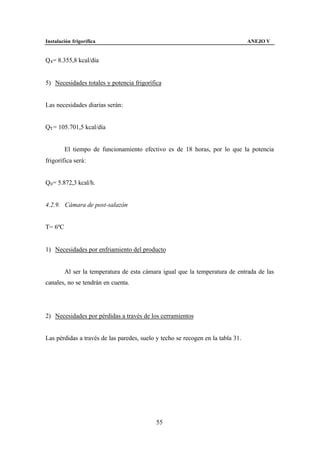 Instalación frigorífica                                                          ANEJO V


Q4 = 8.355,8 kcal/día


5) Necesidades totales y potencia frigorífica


Las necesidades diarias serán:


QT = 105.701,5 kcal/día


         El tiempo de funcionamiento efectivo es de 18 horas, por lo que la potencia
frigorífica será:


Q0 = 5.872,3 kcal/h.


4.2.9. Cámara de post-salazón


T= 6ºC


1) Necesidades por enfriamiento del producto


         Al ser la temperatura de esta cámara igual que la temperatura de entrada de las
canales, no se tendrán en cuenta.




2) Necesidades por pérdidas a través de los cerramientos


Las pérdidas a través de las paredes, suelo y techo se recogen en la tabla 31.




                                            55
 