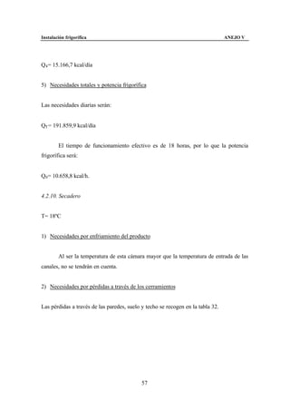 Instalación frigorífica                                                          ANEJO V




Q4 = 15.166,7 kcal/día


5) Necesidades totales y potencia frigorífica


Las necesidades diarias serán:


QT = 191.859,9 kcal/día


        El tiempo de funcionamiento efectivo es de 18 horas, por lo que la potencia
frigorífica será:


Q0 = 10.658,8 kcal/h.


4.2.10. Secadero


T= 18ºC


1) Necesidades por enfriamiento del producto


        Al ser la temperatura de esta cámara mayor que la temperatura de entrada de las
canales, no se tendrán en cuenta.


2) Necesidades por pérdidas a través de los cerramientos


Las pérdidas a través de las paredes, suelo y techo se recogen en la tabla 32.




                                            57
 