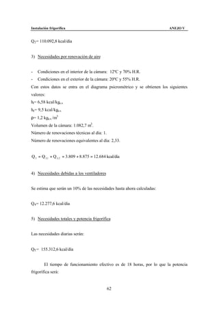 Instalación frigorífica                                                  ANEJO V


Q2 = 110.092,8 kcal/día


3) Necesidades por renovación de aire


-   Condiciones en el interior de la cámara: 12ºC y 70% H.R.
-   Condiciones en el exterior de la cámara: 20ºC y 55% H.R.
Con estos datos se entra en el diagrama psicrométrico y se obtienen los siguientes
valores:
hi= 6,58 kcal/kga.s.
he= 9,5 kcal/kga.s.
ρ= 1,2 kga.s. /m3
Volumen de la cámara: 1.082,7 m3 .
Número de renovaciones técnicas al día: 1.
Número de renovaciones equivalentes al día: 2,33.


Q 3 = Q 3,1 + Q 3, 2 = 3.809 + 8.875 = 12.684 kcal/día


4) Necesidades debidas a los ventiladores


Se estima que serán un 10% de las necesidades hasta ahora calculadas:


Q4 = 12.277,6 kcal/día


5) Necesidades totales y potencia frigorífica


Las necesidades diarias serán:


QT = 155.312,6 kcal/día


        El tiempo de funcionamiento efectivo es de 18 horas, por lo que la potencia
frigorífica será:


                                              62
 