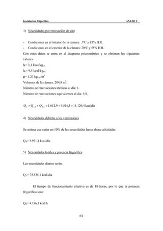 Instalación frigorífica                                                  ANEJO V


3) Necesidades por renovación de aire


-   Condiciones en el interior de la cámara: 3ºC y 85% H.R.
-   Condiciones en el exterior de la cámara: 20ºC y 55% H.R.
Con estos datos se entra en el diagrama psicrométrico y se obtienen los siguientes
valores:
hi= 3,1 kcal/kga.s.
he= 9,5 kcal/kga.s.
ρ= 1,23 kga.s. /m3
Volumen de la cámara: 204,9 m3 .
Número de renovaciones técnicas al día: 1.
Número de renovaciones equivalentes al día: 5,9.


Q 3 = Q 3 ,1 + Q3 , 2 = 1.612,9 + 9.516,5 = 11.129,4 kcal/día


4) Necesidades debidas a los ventiladores


Se estima que serán un 10% de las necesidades hasta ahora calculadas:


Q4 = 5.971,1 kcal/día


5) Necesidades totales y potencia frigorífica


Las necesidades diarias serán:


QT = 75.535,1 kcal/día


        El tiempo de funcionamiento efectivo es de 18 horas, por lo que la potencia
frigorífica será:


Q0 = 4.196,3 kcal/h.


                                               64
 
