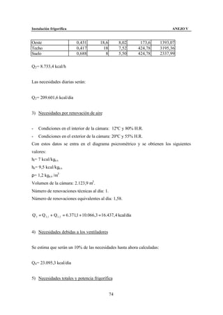 Instalación frigorífica                                                         ANEJO V


Oeste                       0,431          18,6        8,02        173,6   1393,07
Techo                       0,417            18        7,52       424,78   3195,36
Suelo                       0,688             8        5,50       424,78   2337,99

Q2 = 8.733,4 kcal/h


Las necesidades diarias serán:


Q2 = 209.601,6 kcal/día


3) Necesidades por renovación de aire


-   Condiciones en el interior de la cámara: 12ºC y 80% H.R.
-   Condiciones en el exterior de la cámara: 20ºC y 55% H.R.
Con estos datos se entra en el diagrama psicrométrico y se obtienen los siguientes
valores:
hi= 7 kcal/kga.s.
he= 9,5 kcal/kga.s.
ρ= 1,2 kga.s. /m3
Volumen de la cámara: 2.123,9 m3 .
Número de renovaciones técnicas al día: 1.
Número de renovaciones equivalentes al día: 1,58.


Q 3 = Q 3 ,1 + Q3 , 2 = 6.371,1 + 10.066,3 = 16.437, 4 kcal/día


4) Necesidades debidas a los ventiladores


Se estima que serán un 10% de las necesidades hasta ahora calculadas:


Q4 = 23.095,3 kcal/día


5) Necesidades totales y potencia frigorífica


                                                  74
 