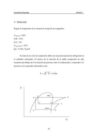 Instalación frigorífica                                                       ANEJO V




a) Primer ciclo


Regula la temperatura de la cámara de recepción de congelados.


Trégimen= -20ºC
H.R.= 95%
D.T.= 5ºC
Tevaporación = -25ºC
Q0 = 11.941,7 kcal/h


        Se trata de un ciclo de compresión doble con inyección parcial de refrigerante en
el enfriador intermedio. El motivo de la elección de la doble compresión ha sido
mantener por debajo de 8 la relación de presiones entre el condensador y evaporador. La
presión en el evaporador intermedio es de:


                                 Pi = Pc ⋅ Pe = 3,3 bar




                                             76
 