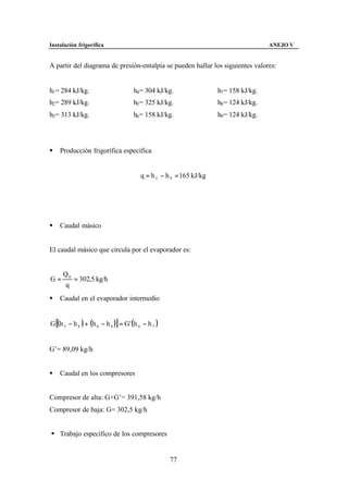 Instalación frigorífica                                                               ANEJO V


A partir del diagrama de presión-entalpía se pueden hallar los siguientes valores:


h1 = 284 kJ/kg.                      h4 = 304 kJ/kg.                h7 = 158 kJ/kg.
h2 = 289 kJ/kg.                      h5 = 325 kJ/kg.                h8 = 124 kJ/kg.
h3 = 313 kJ/kg.                      h6 = 158 kJ/kg.                h9 = 124 kJ/kg.




§   Producción frigorífica específica


                                        q = h 2 − h 9 = 165 kJ/kg




§   Caudal másico


El caudal másico que circula por el evaporador es:


     Q0
G=      = 302,5 kg/h
     q
§   Caudal en el evaporador intermedio


G[(h 3 − h 4 ) + (h 6 − h 8 )] = G' (h 4 − h 7 )


G’= 89,09 kg/h


§   Caudal en los compresores


Compresor de alta: G+G’= 391,58 kg/h
Compresor de baja: G= 302,5 kg/h


§ Trabajo específico de los compresores


                                                   77
 