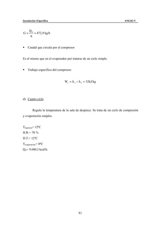 Instalación frigorífica                                                      ANEJO V


     Q0
G=      = 472,9 kg/h
     q


§   Caudal que circula por el compresor


Es el mismo que en el evaporador por tratarse de un ciclo simple.


§   Trabajo específico del compresor.


                                Wc = h 3 − h 2 = 32kJ/kg




d) Cuarto ciclo


        Regula la temperatura de la sala de despiece. Se trata de un ciclo de compresión
y evaporación simples.


Trégimen= 12ºC
H.R.= 70 %
D.T.= 12ºC
Tevaporación = 0ºC
Q0 = 9.680,3 kcal/h.




                                          81
 