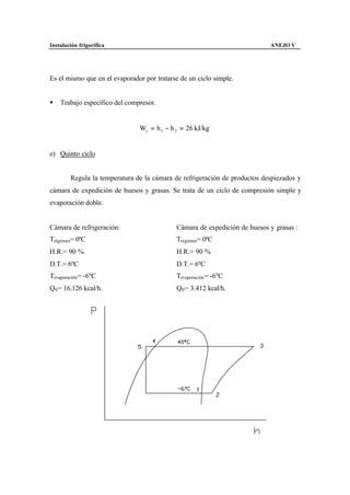 Instalación frigorífica                                                    ANEJO V




Es el mismo que en el evaporador por tratarse de un ciclo simple.


§   Trabajo específico del compresor.


                               Wc = h 3 − h 2 = 26 kJ/kg


e) Quinto ciclo


        Regula la temperatura de la cámara de refrigeración de productos despiezados y
cámara de expedición de huesos y grasas. Se trata de un ciclo de compresión simple y
evaporación doble.


Cámara de refrigeración:                    Cámara de expedición de huesos y grasas :
Trégimen= 0ºC                               Trégimen= 0ºC
H.R.= 90 %                                  H.R.= 90 %
D.T.= 6ºC                                   D.T.= 6ºC
Tevaporación = -6ºC                         Tevaporación = -6ºC
Q0 = 16.126 kcal/h.                         Q0 = 3.412 kcal/h.




                                          83
 