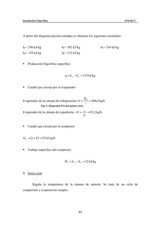 Instalación frigorífica                                                               ANEJO V




A partir del diagrama presión-entalpía se obtienen los siguientes resultados:


h1 = 296 kJ/kg                    h2 = 302 kJ/kg                     h3 = 334 kJ/kg
h4 = 158 kJ/kg                    h5 = 152 kJ/kg


§   Producción frigorífica específica


                                     q = h 2 − h 5 = 153 kJ/kg


§   Caudal que circula por el evaporador


                                                         Q0
Evaporador de la cámara de refrigeración: G =               = 440,6 kg/h
                                                         q
                Fig. 5. Diagrama P-h del quinto ciclo.
                                                      Q0
Evaporador de la cámara de expedición: G' =              = 93,2 kg/h
                                                      q


§   Caudal que circula por el compresor


G c = G + G' = 533,8 kg/h


§   Trabajo específico del compresor.


                                     Wc = h 3 − h 2 = 32 kJ/kg


f) Sexto ciclo


        Regula la temperatura de la cámara de salazón. Se trata de un ciclo de
compresión y evaporación simples.




                                                 84
 