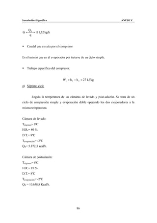 Instalación frigorífica                                                    ANEJO V


     Q0
G=      = 111,32 kg/h
     q


§   Caudal que circula por el compresor


Es el mismo que en el evaporador por tratarse de un ciclo simple.


§   Trabajo específico del compresor.


                               Wc = h 3 − h 2 = 27 kJ/kg
g) Séptimo ciclo


        Regula la temperatura de las cámaras de lavado y post-salazón. Se trata de un
ciclo de compresión simple y evaporación doble operando los dos evaporadores a la
misma temperatura.


Cámara de lavado:
Trégimen= 6ºC
H.R.= 80 %
D.T.= 8ºC
Tevaporación = -2ºC
Q0 = 5.872,3 kcal/h.


Cámara de postsalazón:
Trégimen= 6ºC
H.R.= 85 %
D.T.= 8ºC
Tevaporación = -2ºC
Q0 = 10.658,8 Kcal/h.




                                          86
 