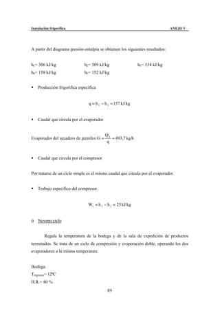 Instalación frigorífica                                                         ANEJO V




A partir del diagrama presión-entalpía se obtienen los siguientes resultados:


h1 = 306 kJ/kg                h2 = 309 kJ/kg                 h3 = 334 kJ/kg
h4 = 158 kJ/kg                h5 = 152 kJ/kg


§   Producción frigorífica específica


                                 q = h 5 − h 2 = 157 kJ/kg


§   Caudal que circula por el evaporador


                                           Q0
Evaporador del secadero de perniles: G =      = 493,7 kg/h
                                           q


§   Caudal que circula por el compresor


Por tratarse de un ciclo simple es el mismo caudal que circula por el evaporador.


§   Trabajo específico del compresor.


                                Wc = h 3 − h 2 = 25 kJ/kg


i) Noveno ciclo


        Regula la temperatura de la bodega y de la sala de expedición de productos
terminados. Se trata de un ciclo de compresión y evaporación doble, operando los dos
evaporadores a la misma temperatura.


Bodega:
Trégimen= 12ºC
H.R.= 80 %
                                            89
 