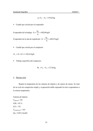 Instalación frigorífica                                                     ANEJO V


                                q = h 5 − h 2 = 154 kJ/kg


§   Caudal que circula por el evaporador


                               Q0
Evaporador de la bodega: G =      = 802,06 kg/h
                               q

                                             Q0
Evaporador de la sala de expedición: G ' =      = 440,55 kg/h
                                             q


§   Caudal que circula por el compresor


G c = G + G' = 1.242,61 kg/h


§   Trabajo específico del compresor.


                               Wc = h 3 − h 2 = 27 kJ/kg




j) Décimo ciclo


        Regula la temperatura de las cámaras de tripería y de reposo de masas. Se trata
de un ciclo de compresión simple y evaporación doble operando los dos evaporadores a
la misma temperatura.


Cámara de tripería:
Trégimen= 3ºC
H.R.= 85 %
D.T.= 7ºC
Tevaporación = -4ºC
Q0 = 2.691,5 kcal/h.




                                             91
 