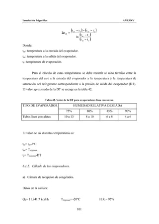 Instalación frigorífica                                                                    ANEJO V


                                            (t ae   − t e ) − ( t as − t e )
                                  ∆t ml =
                                                       (t − t e )
                                                    ln ae
                                                       (t as − t e )
Donde:
tae: temperatura a la entrada del evaporador.
tas : temperatura a la salida del evaporador.
te : temperatura de evaporación.


        Para el cálculo de estas temperaturas se debe recurrir al salto térmico entre la
temperatura del aire a la entrada del evaporador y la temperatura y la temperatura de
saturación del refrigerante correspondiente a la presión de salida del evaporador (DT).
El valor aproximado de la DT se recoge en la tabla 42.


                    Tabla 42. Valor de la DT para evaporadores lisos con aletas.

TIPO DE EVAPORADOR                            HUMEDAD RELATIVA DESEADA
                                      75%                       80%                85%      90%
Tubos lisos con aletas              10 a 13                    8 a 10              6a8      4a6




El valor de las distintas temperaturas es:


tas= tae-3ºC
tae= Trégimen
te= Trégimen-DT


6.1.2. Cálculo de los evaporadores.


a) Cámara de recepción de congelados.


Datos de la cámara:


Q0 = 11.941,7 kcal/h              Trégimen= -20ºC                              H.R.= 95%


                                                    101
 