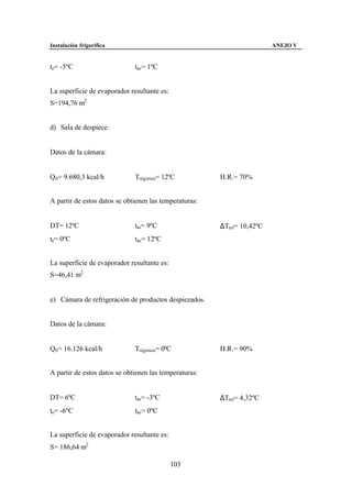 Instalación frigorífica                                                 ANEJO V


te= -5ºC                      tae= 1ºC


La superficie de evaporador resultante es:
S=194,76 m2


d) Sala de despiece.


Datos de la cámara:


Q0 = 9.680,3 kcal/h           Trégimen= 12ºC            H.R.= 70%


A partir de estos datos se obtienen las temperaturas:


DT= 12ºC                      tas= 9ºC                  ∆Tml= 10,42ºC
te= 0ºC                       tae= 12ºC


La superficie de evaporador resultante es:
S=46,41 m2


e) Cámara de refrigeración de productos despiezados.


Datos de la cámara:


Q0 = 16.126 kcal/h            Trégimen= 0ºC             H.R.= 90%


A partir de estos datos se obtienen las temperaturas:


DT= 6ºC                       tas= -3ºC                 ∆Tml= 4,32ºC
te= -6ºC                      tae= 0ºC


La superficie de evaporador resultante es:
S= 186,64 m2

                                             103
 