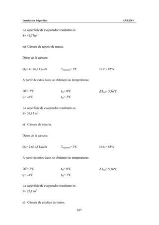 Instalación frigorífica                                                ANEJO V


La superficie de evaporador resultante es:
S= 41,37m2


m) Cámara de reposo de masas.


Datos de la cámara:


Q0 = 4.196,3 kcal/h           Trégimen= 3ºC             H.R.= 85%


A partir de estos datos se obtienen las temperaturas:


DT= 7ºC                       tas= 0ºC                  ∆Tml= 5,36ºC
te= -4ºC                      tae= 3ºC


La superficie de evaporador resultante es:
S= 39,13 m2


n) Cámara de tripería.


Datos de la cámara:


Q0 = 2.691,5 kcal/h           Trégimen= 3ºC             H.R.= 85%


A partir de estos datos se obtienen las temperaturas:


DT= 7ºC                       tas= 0ºC                  ∆Tml= 5,36ºC
te= -4ºC                      tae= 3ºC


La superficie de evaporador resultante es:
S= 25,1 m2


o) Cámara de estufaje de lomos.

                                             107
 