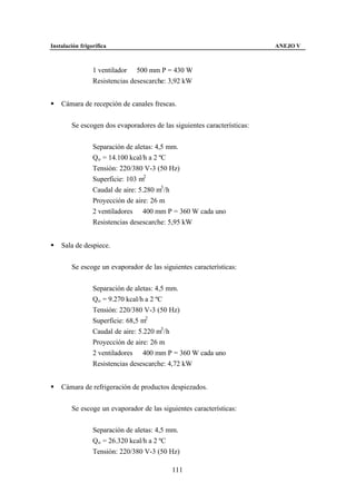 Instalación frigorífica                                                  ANEJO V



                 1 ventilador ∅ 500 mm P = 430 W
                 Resistencias desescarche: 3,92 kW


§   Cámara de recepción de canales frescas.


        Se escogen dos evaporadores de las siguientes características:


                 Separación de aletas: 4,5 mm.
                 Qo = 14.100 kcal/h a 2 ºC
                 Tensión: 220/380 V-3 (50 Hz)
                 Superficie: 103 m2
                 Caudal de aire: 5.280 m3 /h
                 Proyección de aire: 26 m
                 2 ventiladores ∅ 400 mm P = 360 W cada uno
                 Resistencias desescarche: 5,95 kW


§   Sala de despiece.


        Se escoge un evaporador de las siguientes características:


                 Separación de aletas: 4,5 mm.
                 Qo = 9.270 kcal/h a 2 ºC
                 Tensión: 220/380 V-3 (50 Hz)
                 Superficie: 68,5 m2
                 Caudal de aire: 5.220 m3 /h
                 Proyección de aire: 26 m
                 2 ventiladores ∅ 400 mm P = 360 W cada uno
                 Resistencias desescarche: 4,72 kW


§   Cámara de refrigeración de productos despiezados.


        Se escoge un evaporador de las siguientes características:


                 Separación de aletas: 4,5 mm.
                 Qo = 26.320 kcal/h a 2 ºC
                 Tensión: 220/380 V-3 (50 Hz)

                                           111
 