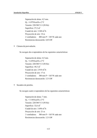 Instalación frigorífica                                                     ANEJO V



                 Separación de aletas: 4,5 mm.
                 Qo = 6.970 kcal/h a 2 ºC
                 Tensión: 220/380 V-3 (50 Hz)
                 Superficie: 57,2 m2
                 Caudal de aire: 3.240 m3 /h
                 Proyección de aire: 18 m
                 2 ventiladores ∅ 400 mm P = 185 W cada uno
                 Resistencias desescarche: 4,83 kW


§   Cámara de post-salazón.


        Se escogen dos evaporadores de las siguientes características:


                 Separación de aletas: 4,5 mm.
                 Qo = 6.450 kcal/h a 2 ºC
                 Tensión: 220/380 V-3 (50 Hz)
                 Superficie: 49,3 m2
                 Caudal de aire: 2.910 m3 /h
                 Proyección de aire: 17 m
                 3 ventiladores ∅ 300 mm P = 165 W cada uno
                 Resistencias desescarche: 3,31 kW


§   Secadero de perniles.


        Se escogen cuatro evaporadores de las siguientes características:


                 Separación de aletas: 7 mm.
                 Qo = 5.160 kcal/h a 2 ºC
                 Tensión: 220/380 V-3 (50 Hz)
                 Superficie: 32,6 m2
                 Caudal de aire: 3.690 m3 /h
                 Proyección de aire: 21 m
                 3 ventiladores ∅ 300 mm P = 165 W cada uno
                 Resistencias desescarche: 3,31 kW




                                           113
 